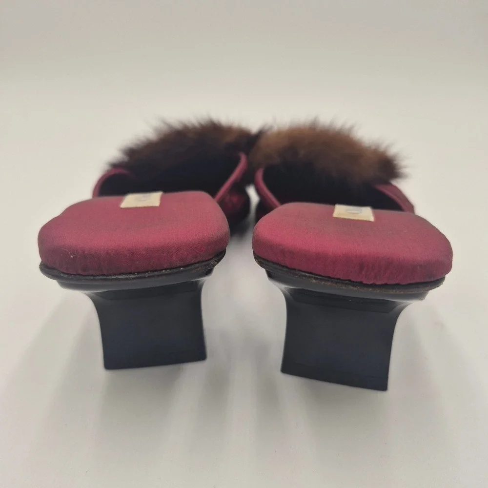 Olivia Rose Tal Italy Burgundy Satin Fur Trim Floral Embroidered Mules Heels 9
